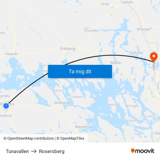 Tunavallen to Rosersberg map