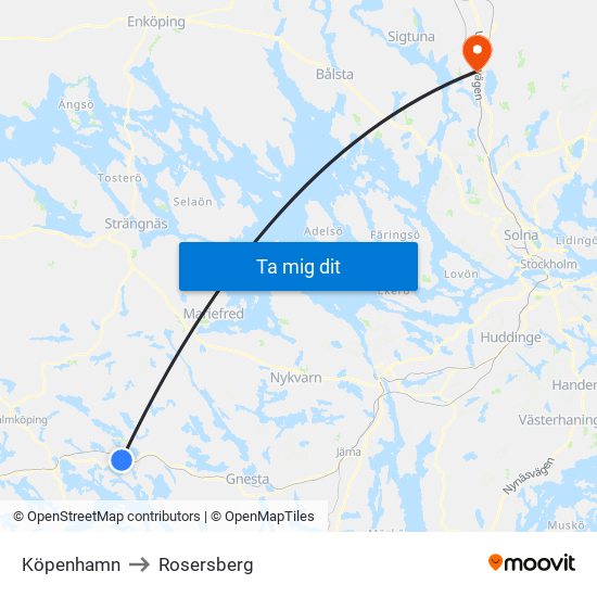 Köpenhamn to Rosersberg map