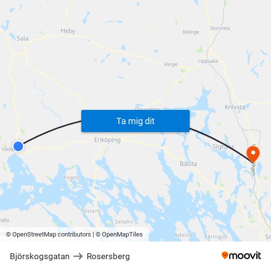 Björskogsgatan to Rosersberg map