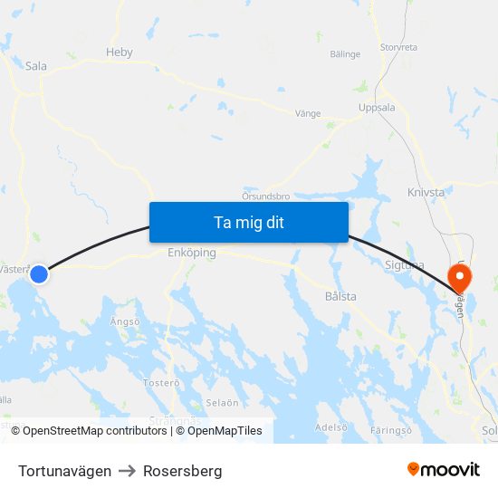 Tortunavägen to Rosersberg map