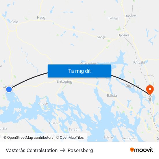 Västerås Centralstation to Rosersberg map