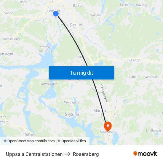 Uppsala Centralstationen to Rosersberg map