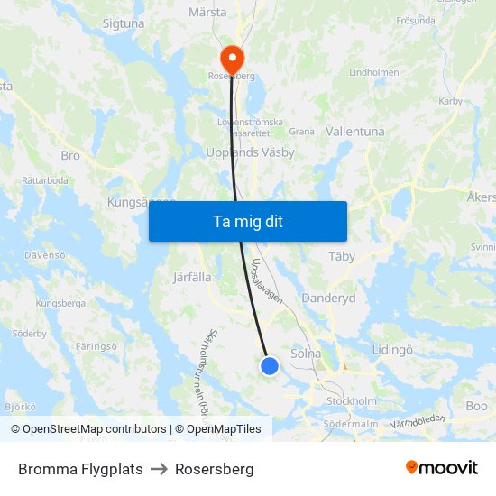 Bromma Flygplats to Rosersberg map