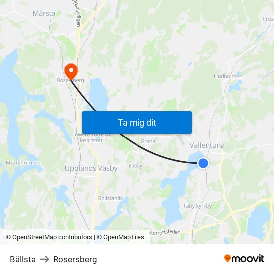 Bällsta to Rosersberg map