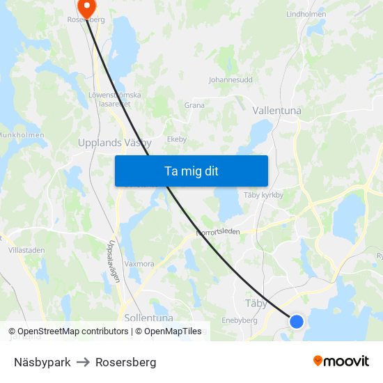 Näsbypark to Rosersberg map