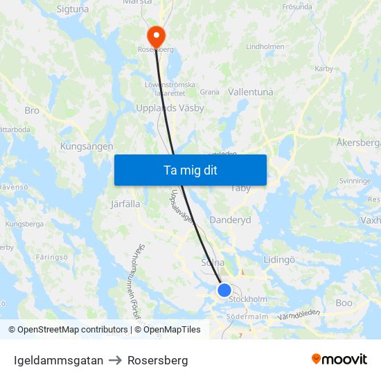 Igeldammsgatan to Rosersberg map