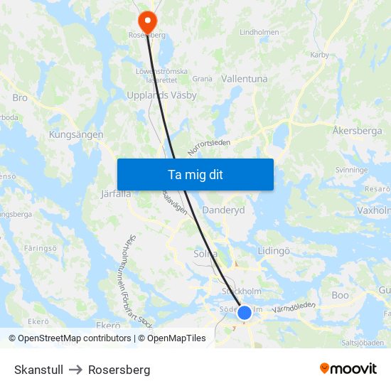 Skanstull to Rosersberg map