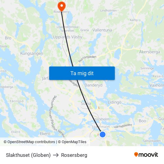 Slakthuset (Globen) to Rosersberg map