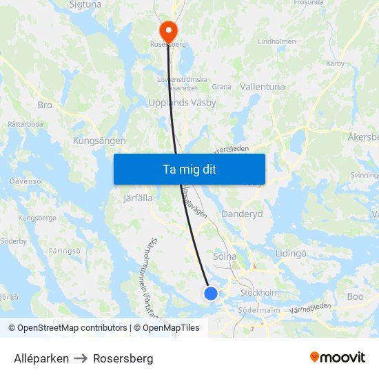 Alléparken to Rosersberg map