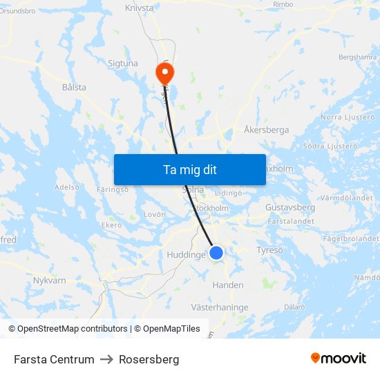 Farsta Centrum to Rosersberg map