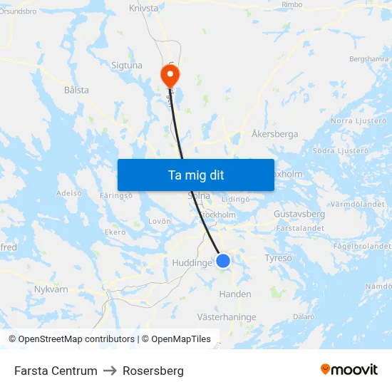 Farsta Centrum to Rosersberg map