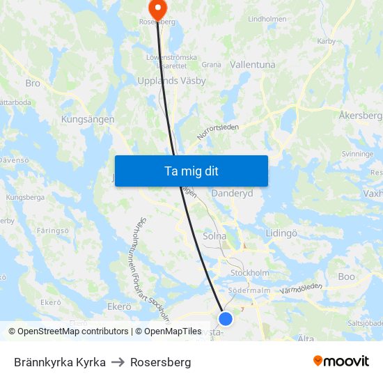 Brännkyrka Kyrka to Rosersberg map