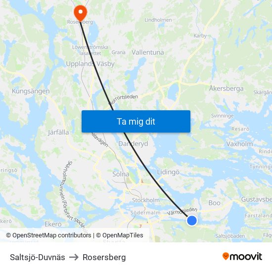 Saltsjö-Duvnäs to Rosersberg map