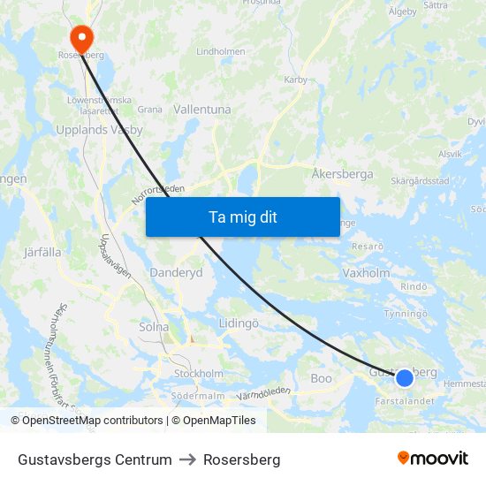 Gustavsbergs Centrum to Rosersberg map