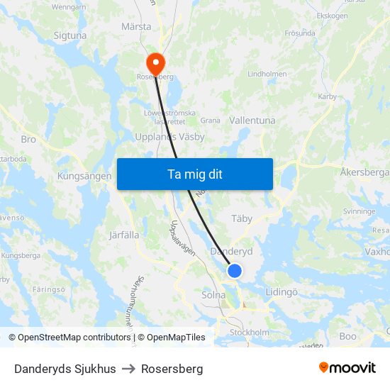 Danderyds Sjukhus to Rosersberg map