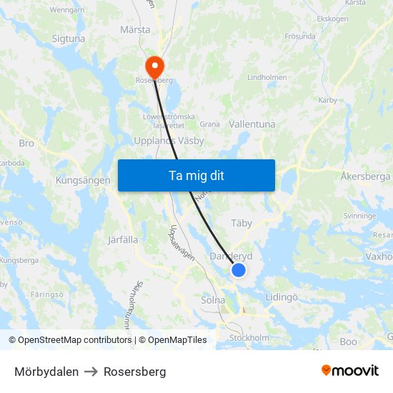 Mörbydalen to Rosersberg map