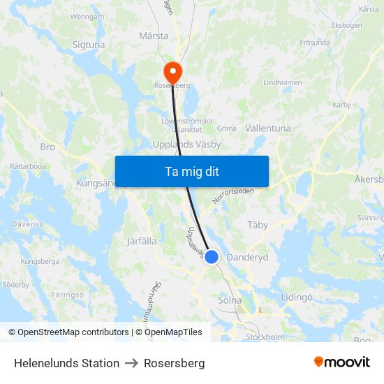 Helenelunds Station to Rosersberg map