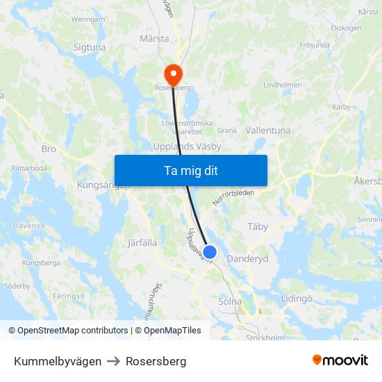 Kummelbyvägen to Rosersberg map