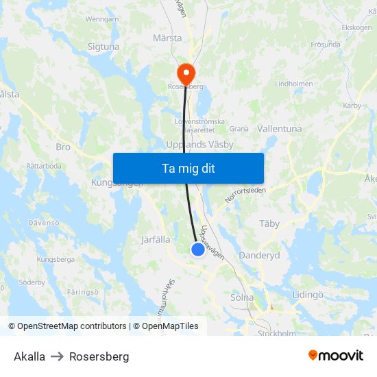 Akalla to Rosersberg map
