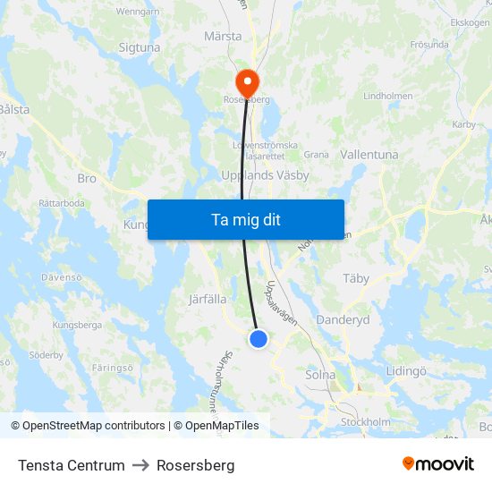 Tensta Centrum to Rosersberg map