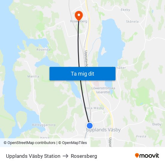 Upplands Väsby Station to Rosersberg map