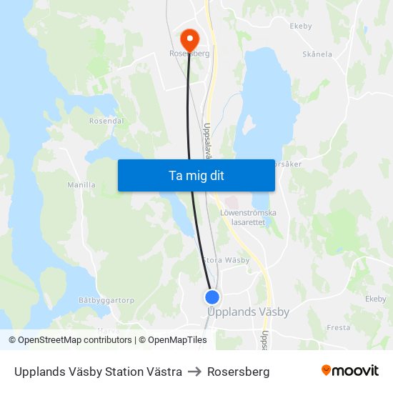 Upplands Väsby Station Västra to Rosersberg map