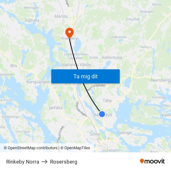 Rinkeby Norra to Rosersberg map