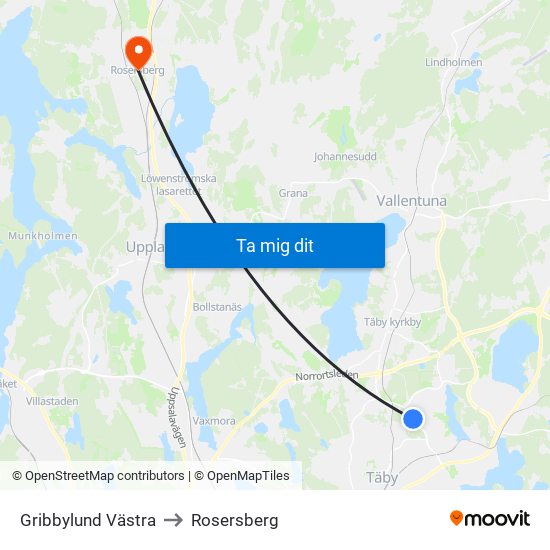 Gribbylund Västra to Rosersberg map