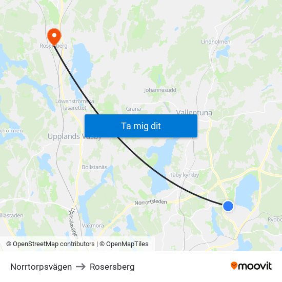 Norrtorpsvägen to Rosersberg map