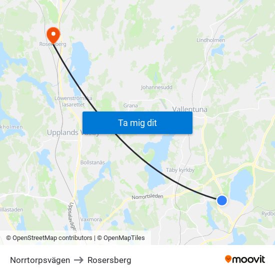 Norrtorpsvägen to Rosersberg map