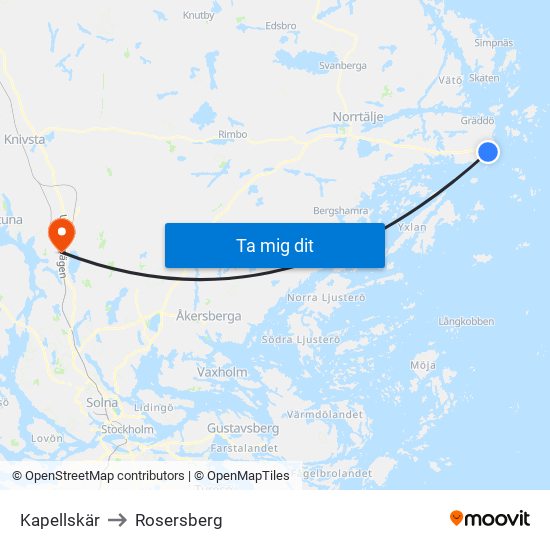 Kapellskär to Rosersberg map