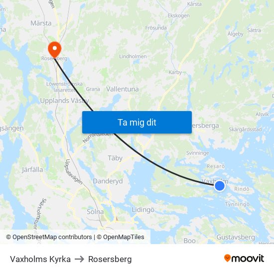 Vaxholms Kyrka to Rosersberg map