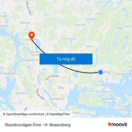 Slussbrovägen Övre to Rosersberg map