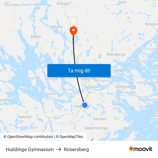 Huddinge Gymnasium to Rosersberg map