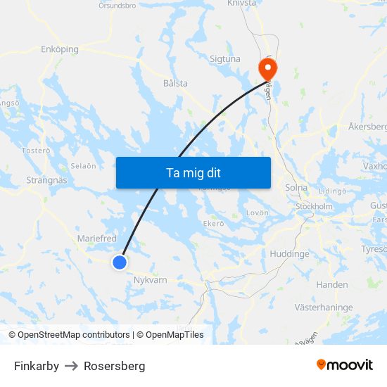 Finkarby to Rosersberg map