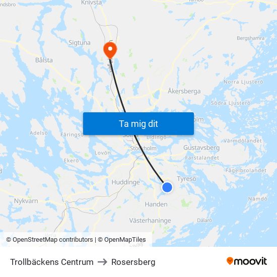 Trollbäckens Centrum to Rosersberg map