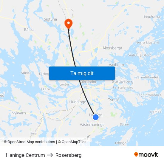 Haninge Centrum to Rosersberg map