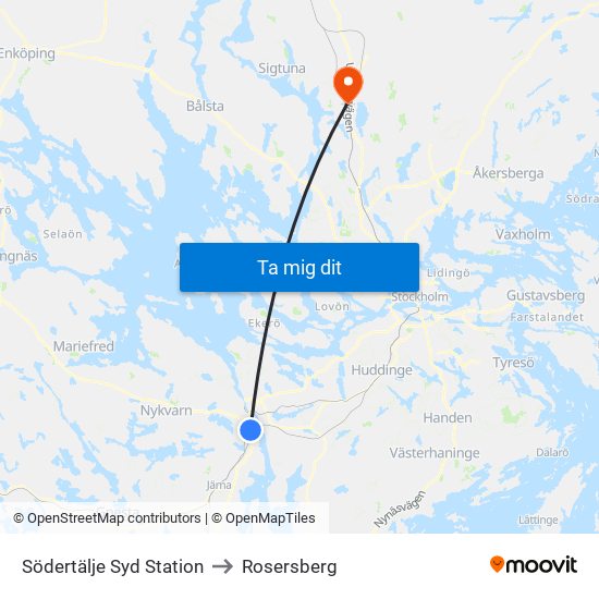 Södertälje Syd Station to Rosersberg map