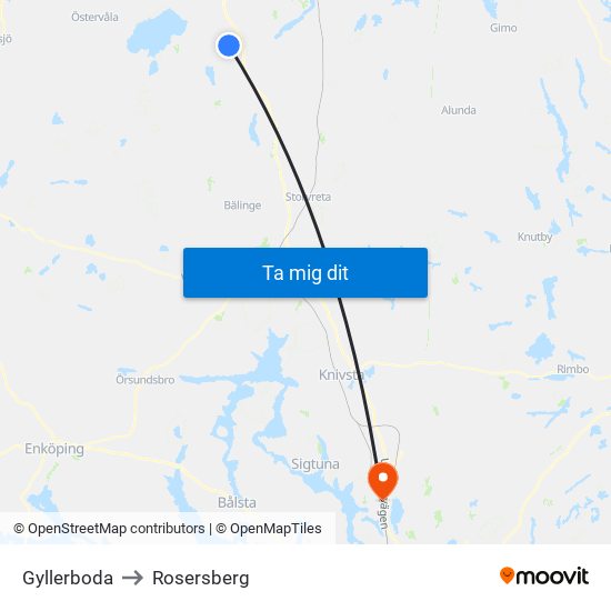Gyllerboda to Rosersberg map