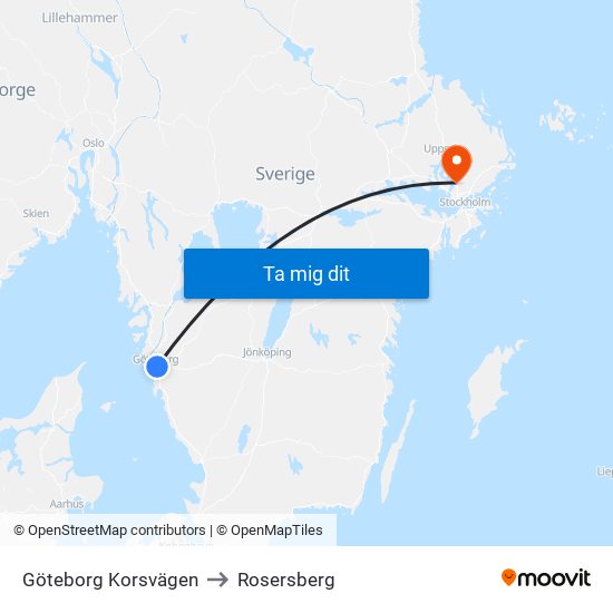 Göteborg Korsvägen to Rosersberg map