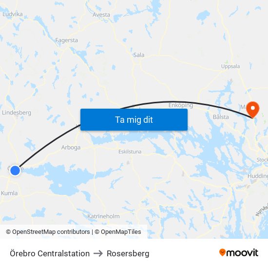 Örebro Centralstation to Rosersberg map