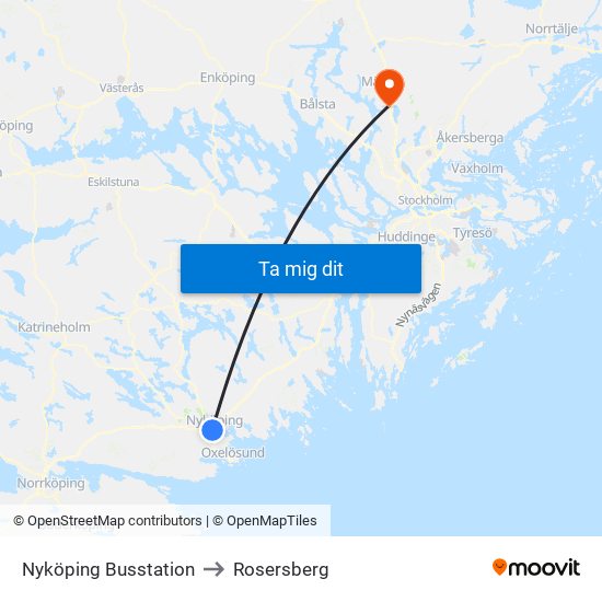 Nyköping Busstation to Rosersberg map