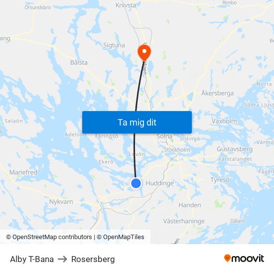 Alby T-Bana to Rosersberg map