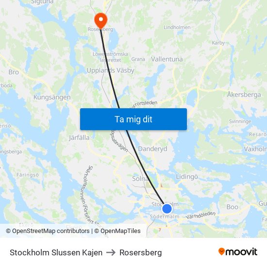 Stockholm Slussen Kajen to Rosersberg map