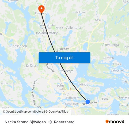 Nacka Strand Sjövägen to Rosersberg map