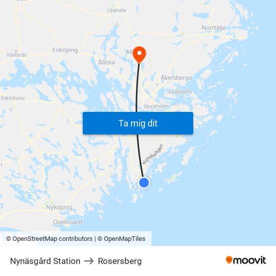 Nynäsgård Station to Rosersberg map