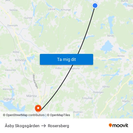 Åsby Skogsgården to Rosersberg map