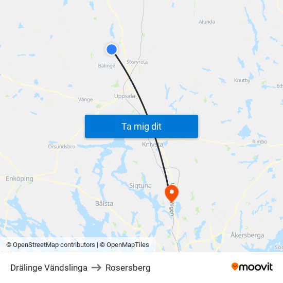 Drälinge Vändslinga to Rosersberg map