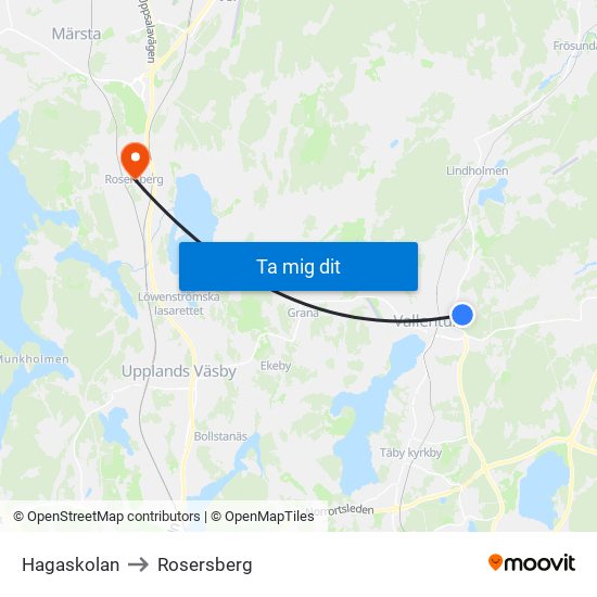 Hagaskolan to Rosersberg map