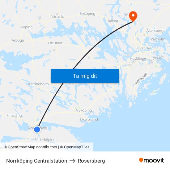 Norrköping Centralstation to Rosersberg map